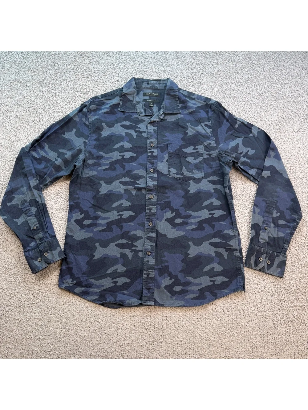Banana Republic Luxe Flannel Untucked Slim Fit Camo Button Up Shirt Men's M Blue